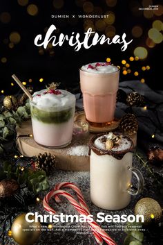 the cover of christmas season with two drinks and candy canes