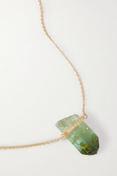 JIA JIA's one of a kind necklace is strung with a beautiful, untreated green tourmaline - a stone believed to bring virility and strength to the wearer. It's handmade from 14-karat gold and features a slim band pavéd with shimmering diamonds. The 20'' chain is adjustable, so you can customize the length. Green Tourmaline Pendant Jewelry, Green Tourmaline Gemstone Necklace, Tourmaline Jewelry With Gemstone Accents, Fine Jewelry With Green Amethyst, Yellow Gold Tourmaline Jewelry For May Birthstone, Green Tourmaline Necklace As A Gift, Green Tourmaline Necklace For Gift, Green Tourmaline Gemstone Jewelry, Elegant Green Tourmaline Necklaces