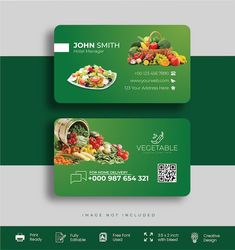 two green business cards with images of vegetables and fruits in the middle one has an image of a salad on it