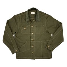 '90s Exclusive Please allow 3-4 weeks for delivery.* Style #52 is based off a pattern from 1999. This olive denim jacket features a wide-wale corduroy collar, a coin pocket, a small pocket flap, and decorative stitching. 100% cotton Made in LA Vintage Unstructured Utility Jacket With Pockets, Utility Khaki Denim Jacket With Pockets, Khaki Utility Denim Jacket With Pockets, Vintage Unstructured Utility Jacket With Button Closure, Olive Cotton Utility Jacket With Button Closure, Utility Style Khaki Denim Jacket With Flap Pockets, Olive Utility Jacket With Pockets For Streetwear, Winter Military Denim Jacket With Pockets, Vintage Unstructured Utility Jacket For Fall