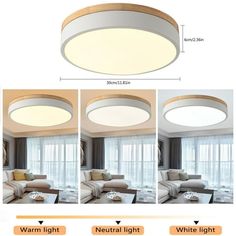 three different views of the ceiling light in this living room, one is white and the other is beige