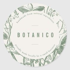 a white and green floral label with the words botanical on it