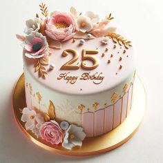 a birthday cake decorated with flowers and the number twenty five