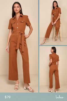 If you want to stay comfortable while looking cute, then the Lulus Practical Perfection Rust Brown Twill Short Sleeve Jumpsuit was made for you! Slightly stretchy woven twill shapes this trendy jumpsuit that has a collared neckline framed by short cuffed sleeves. Bodice has decorative, twin pocket flaps at the front with a functional button placket. Fitted waist features belt loops, a tying sash belt, and a hidden zip fly, all atop straight pant legs with diagonal side pockets and ankle-length h Versatile Spring Jumpsuits And Rompers With Pockets, Versatile Relaxed Fit Jumpsuits And Rompers For Work, Versatile Solid Jumpsuits And Rompers With Pockets, Versatile Jumpsuits And Rompers With Pockets, Versatile Relaxed Fit Jumpsuits For Workwear, Brown Cotton Jumpsuits And Rompers For Work, Chic Workwear Jumpsuits And Rompers With Relaxed Fit, Chic Relaxed Fit Jumpsuits For Workwear, Chic Relaxed Fit Jumpsuits And Rompers For Work