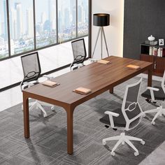 an empty conference room with chairs and a table in front of a large window overlooking the city