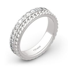 Simply chic, this chain link band is a clever accessory you'll love to wear. Crafted in sterling silver, this intriguing look gleams with a shimming eternity band connected with a polished chain. Glittering with small stones and a brilliant buffed luster, this stylish choice is destined to become an instant favorite.Carat Weight: 1.885 ctStone Size: 2 mmStone Type: Jeulia® StoneNumber of Stones: 29 Stone Shape: RoundStone Color: Diamond WhiteWeight: 4.87 gWidth: 5 mmHeight: 2 mmThickness: 1.8 mmMaterial: Plating Color: Jeulia Jewelry, Simply Chic, Chain Design, Eternity Band, Eternity Bands, Quality Jewelry, Chain Link, Round Cut, Stone Color