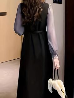 Black Belted Dresses For Fall, Black Knee-length Dress With Belt, Black Office Lady Dress For Winter, Black Winter Dress For Office Lady, Winter Black Office Lady Dress, Black Long Sleeve Dress With Belt, Black Sleeveless Chiffon Midi Dress, Sleeveless Black Chiffon Midi Dress, Belted Black Dress For Office