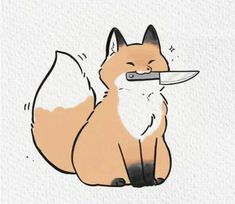 a drawing of a fox with a knife in it's mouth and its eyes closed