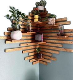 a wooden shelf with potted plants and other items on it's sides, hanging from the wall