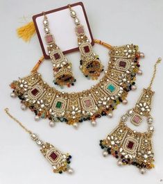 Complete bridal jewelry set Multicolor Jewelry Sets With Intricate Design For Celebration, Elegant Multicolor Jewelry Sets For Weddings, Elegant Multicolor Hand Set Bridal Sets, Elegant Multicolor Bridal Sets With Stone Work, Elegant Multicolor Bridal Sets For Festive Occasions, Elegant Multicolor Wedding Sets, Multicolor Jewelry With Intricate Design For Party, Wedding Sets With Stone Work In Multicolor, Ceremonial Multicolor Zari Work Jewelry