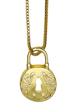 Unlock vintage elegance with our Floral Lock Pendant Necklace. The 24" length and gold-plated finish enhance the intricate floral embossed design, making it a timeless and luxurious addition to your wardrobe. Elevate your style with this exclusive piece. Material: Gold-plated Chain Length: 24” with a 3" extender Elegant Gold Locket Necklace, Gold Brass Locket Chain Necklace, Gold Brass Chain Necklace With Locket, Ornate Gold Locket Necklace In Brass, Ornate Gold Brass Locket Necklace, Gold Engraved Round Pendant Chain Necklace, Gold Brass Locket Necklace For Formal Events, Gold Brass Locket Necklace For Formal Occasions, Gold Engraved Round Pendant Necklace