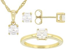 Moissanite Fire® 2.40ctw diamond equivalent weight Asscher cut, 14k yellow gold over sterling silver ring and stud earrings with pendant and 18-inch Singapore chain jewelry set. Ring measures approximately 3/16" L x 1/16" W and is not sizeable. Earrings measures approximately 3/16" L x 3/16" W and have push backs. Pendant measures approximately 1/2" L x 3/16" W and has lobster clasp with 2 inch extender. Actual moissanite weight is 2.08ctw. Diamond Accented Round Cut Jewelry Sets For Gifts, Diamond Accents Jewelry Sets With Round Cut For Gift, Jewelry Sets With Round Cut Diamond Accents For Gifts, Classic Cubic Zirconia Jewelry Sets For Anniversary, Fine Jewelry Sets With Diamond Cut As Gift, Brilliant Cut Round Jewelry Sets For Gift, Brilliant Cut Round Cut Jewelry Sets For Gifts, Fine Jewelry Sets With Diamond Cut For Gift, Classic Jewelry Sets With Brilliant Cut Cubic Zirconia