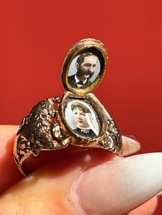 Era - c1900's Materials - 14k Gold, Diamonds & Hand Painted Portraits Size - 9.5 Painted Portraits, Engagement Necklaces, Locket Ring, Mens Engagement, The Lovers, Engagement Rings For Men, Vintage Engagement, Vintage Bracelets, Accessories Rings