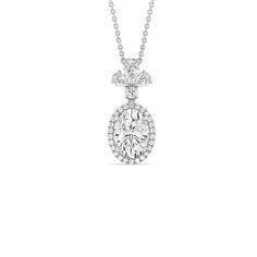 Embrace the beauty and brilliance of our Halo Pendant with a 4ct Oval Diamond and Mixed Shape diamond cluster pass-through bail. Whether you're looking for the perfect gift for a loved one or an exquisite addition to your jewelry collection, this pendant is an embodiment of grace and charm. Luxury Oval Pendant Diamond Necklace For Wedding, Luxury Oval Pendant Necklace For Women, Oval Diamond Pendant Necklace, Luxury Diamond Necklace With Oval Pendant, Timeless Flower Pendant Jewelry For Wedding, Luxury Diamond Necklace With Oval Pendant And Accents, Luxury Statement Jewelry With Oval Pendant, Elegant Oval Pendant Necklace With Brilliant Cut, Timeless Oval Diamond Jewelry