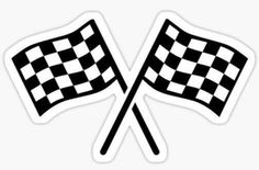 two crossed checkered flags sticker on a white background with the words,'we are