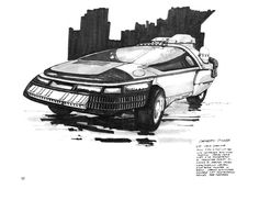 an ink drawing of a car driving down the street with city buildings in the background