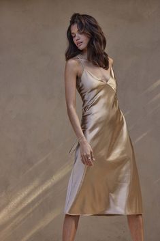 Grace Loves Lace Silky Satin Midi Dress Gold Gold Dress Wedding Guest, Nude Silk Dress, Gold Bridesmaid Dress, Wedding Gown Trends, Dress Satin Bridesmaid, Gold Bridesmaid Dresses, Designer Bridesmaid Dresses, Occasion Wear Dresses, Perfect Bridesmaid Dress