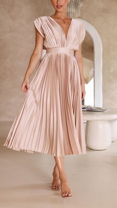 A-line Midi Dress With Pleated Bodice For Date Night, Flowy A-line Pleated Midi Dress, Chic A-line Dress With Pleated Waist, Party Midi Skirt With Ruched Detail, Solid Color Pleated A-line Maxi Dress, Chic V-neck Midi Dress With Folds, Pleated A-line Midi Dress For Dinner, Chic A-line Midi Dress With Pleated Skirt, Ruched A-line Pleated Party Dress