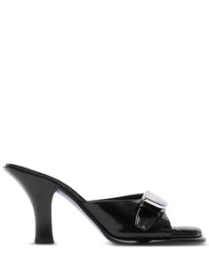 black calf leather leather signature Equestrian Knight motif open toe side buckle fastening slip-on style branded insole high heel We've partnered with Good On You — an independent agency that rates how brands perform in relation to their impact on the planet, people and animals, with a multi-criteria rating simplified to a five points scale. In order to be awarded our conscious label, larger brands need to score a minimum of four out of five ('Good'), while smaller brands must score at least th Planet People, Five Points, Leather Mules, Mules Shoes, Calf Leather, High Heel, Equestrian, Open Toe, Burberry