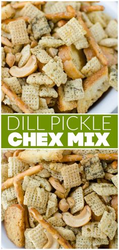 two different views of chex mix with the words, dille pickle chex mix