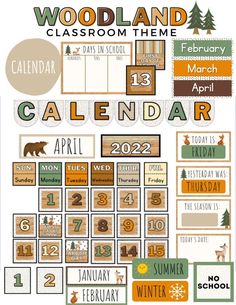 a calendar with the words woodland classroom theme on it and an image of trees, snowfl