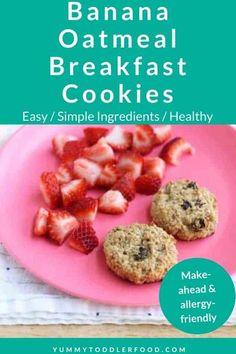 banana oatmeal breakfast cookies on a pink plate with strawberries and blueberries