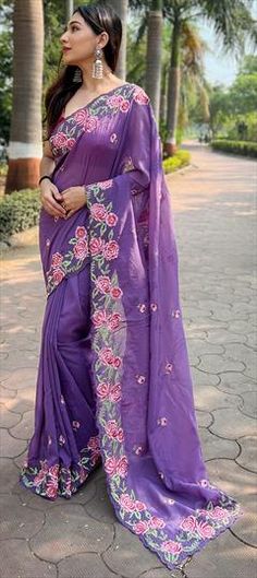 Purple and Violet color Saree in Organza Silk fabric with Embroidered, Resham, Thread work Unstitched Purple Saree With Floral Embroidery, Purple Saree With Floral Embroidery, Festive Purple Embroidered Georgette Fabric, Purple Georgette Embroidered Fabric For Festivals, Purple Semi-stitched Saree With Floral Embroidery, Purple Embroidered Georgette Fabric For Festivals, Unstitched Purple Floral Embroidered Fabric, Purple Floral Embroidered Georgette Traditional Wear, Festive Purple Saree With Floral Embroidery