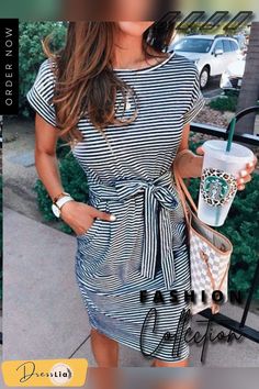 Short Sleeve Round Neck Waist Striped Dress Women's Dress Striped Short Sleeve Dresses For Fall, Striped Short Sleeve Fall Dresses, Striped Belted Dress For Spring, Spring Striped Belted Dress, Striped Summer Dress With Tie Waist, Summer Striped Dress With Tie Waist, Casual Knee-length Bodycon Spring Dress, Casual Knee-length Bodycon Dress, Spring Striped Knee-length Mini Dress