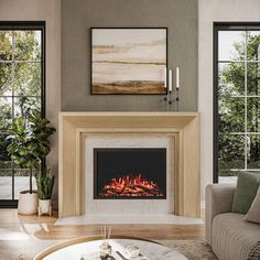 a living room filled with furniture and a fire place in the middle of the room