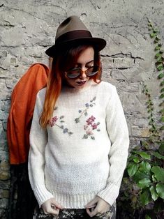 Vintage Floral Sweater Flower Embroidery Sweater Hipster | Etsy White Winter Sweater With Floral Embroidery, White Floral Embroidery Winter Sweater, White Floral Embroidered Long-sleeved Sweater, White Floral Embroidery Sweater For Winter, White Long Sleeve Sweater With Floral Embroidery, Fall Floral Applique Crew Neck Sweater, Beige Long Sleeve Sweater With Floral Embroidery, Cream Sweater With Floral Embroidery For Spring, Cream Floral Embroidered Sweater For Spring