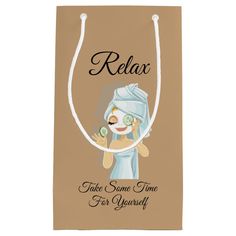 a brown bag with a girl in a towel on it that says relax take some time for yourself