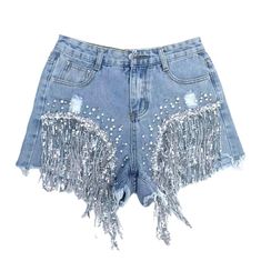 Take your style to the next level this summer with our Y2K-inspired Diamond Fringe Leg Denim Shorts from the 2023 Summer Collection. With a elevated waist, straight fit, and luxe denim construction, these shorts offer the perfect blend of aged allure and today's spirited fashion pulse. Comfort and vibe combine seamlessly with the addition of a zipper and button closure, and the diamond fringe legs enhance the look with a bold touch of fun.Why These Shorts are Summer GoalsThese denim shorts are d Highlights Y2k, Denim Clothes, Urban Trends, Denim Pattern, High Fashion Outfits, Contemporary Clothing, Y2k Denim, Current Fashion, Embellished Denim