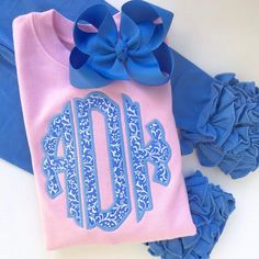 Girl or Baby Girl Shirt or Bodysuit or pink sweatshirt with name - Ruffle Monogram, beautiful scalloped edge monogram in capri blue - Darling Little Bow Shop Monogram Kids, Blue Icing, Ruffle Leggings, Monogram Outfit, Girls Applique, Monogram Sweatshirt, Applique Monogram, Monogram Shirts