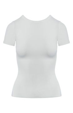 Smooth jersey enhanced with plenty of stretch hugs your curves in this trim-fitting T-shirt. 21 1/2" length (size Medium) Crewneck Short sleeves 88% polyester, 12% spandex Hand wash, line dry Imported High Stretch Seamless Scoop Neck T-shirt, White Fitted T-shirt With Cap Sleeves, Basic Seamless Snug Fit T-shirt, Basic Short Sleeve Stretch Bodysuit With Crew Neck, Basic Stretch Short Sleeve Bodysuit With Crew Neck, Basic Short Sleeve Crew Neck Bodysuit, Basic Fitted Short Sleeve Bodysuit With Crew Neck, Basic Fitted Crew Neck Short Sleeve Bodysuit, Fitted Short Sleeve Crew Neck Bodysuit