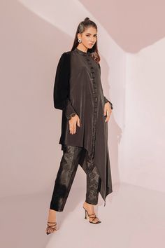 Embrace the Allure of Noir Pakistani Designer Dress - Shireen Lakdawala Pakistani Designer Dress, Jun Ji Hyun Fashion, Black Palette, Co Ords Outfits, Pakistani Clothes, Shirt Trouser, Elegant Black Dress, Flowy Fabric, Pakistani Dress