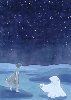 an illustration of two polar bears walking in the snow at night with stars above them