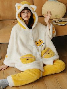 Kawaii Onesie, Pajamas Long Sleeve, Cat Headband, Pajama Outfits, Cat Pajamas, Velvet Suit, Yellow Cat, Fleece Pajamas, Hot Dress