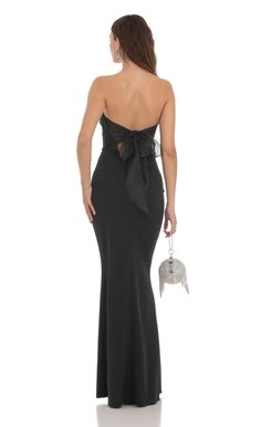 Back Bow Strapless Maxi Dress in Black | LUCY IN THE SKY Black Wedding Guest Dresses, Black Tie Wedding Guest Dress, Black Tie Wedding Guests, Strapless Prom Dress, Strapless Prom Dresses, Lucy In The Sky, Unique Prom Dresses, Black Dress Formal, Black Strapless Dress