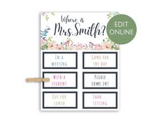 a printable planner with the words where is mrs smith? on it and flowers