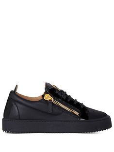 black leather round toe side zip fastening pull-tab at the heel front lace-up fastening ridged rubber sole Fancy Sneakers, Giuseppe Zanotti Sneakers, White Espadrilles, Mid Heels Pumps, Black Leather Sneakers, Giuseppe Zanotti Shoes, Luxury Sneakers, Latest Sneakers, Platform Sneaker