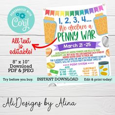 Penny war fundraiser, EDITABLE flyer, Instant download, PTA PTO event, Fundraiser ideas, Community event, Kids fun Fundraising games This purchase is for DIGITAL FILE(S), meaning you will NOT receive any physical product. ♥ Try before you buy! Copy and paste DEMO link on your browser: https://www.corjl.com/d/2P371J ----------------------------------------- ♥ What's included - 8 x 10" Flyer template for you to personalize with your own details  - Detailed instructions on how to edit and print the template on Corjl  Your order includes a TOTAL of 3 downloads, and expires within 90 days of purchase  ----------------------------------------- ♥ What you CAN edit  - TEXT you can customize with your own details - UPLOAD your own pictures, or try different cliparts from our library --------------- Pta Recruitment Flyer, Penny Wars Fundraiser Flyer, Elementary Pto Ideas, Penny Wars Fundraiser, Community Engagement Ideas, Fundraiser Decorations, Pto Activities, Social Event Ideas