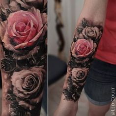 a woman's arm with roses on it and the other half of her arm