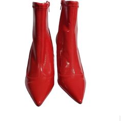 3-3/4" Stiletto Heel. Pointed-Toe Booties With Inner Ankle Zipper Closure. Cushioned Insole For Added Comfort. They Run Small Red Ankle-high Heels With 4-inch Heel, Ankle-high Heels With Red Sole, Trendy Ankle-high Heels With Red Sole, Bold Pointed Toe Heels With Padded Heel, Red Patent Leather Heels For Fall, Bold Pointed Toe Heels For Fall, Red Sole High Heels With Medium Width, Red Sole High Heels Medium Width, Red Sole High Heels Of Medium Width