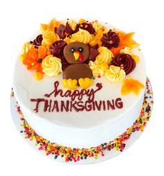 a white cake with thanksgiving decorations on it