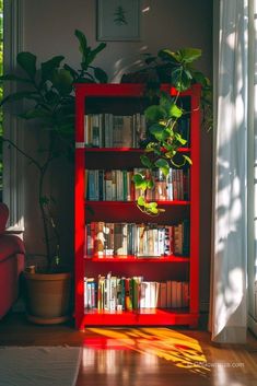 a red bookshelf filled with lots of books next to a potted plant