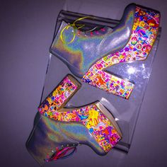 These were FEATURED ON LANA DELRAYS Insta as well as Lisa Frank herself. Simply gorgeous, sticker collage is fully sealed, extremely high quality all professional materials used. Mega platform wedge glitter leather ankle boots with your favorite iconic 90's stickers! Leather uppers with bold hand collaged sticker wood platforms. These take me about 5 hours per pair over a series of days to let the layers of sealant dry between coats. Completely customizable in your size and preferences. Let me k Trendy Party Boots With Wedge Heel, Party Platform Multicolor Boots, Trendy Wedge Heel Party Boots, Retro Wedge Heels For Party, Fun Round Toe Party Heels, Fun Party Heels With Round Toe, Fun Round Toe Heels For Party, Summer Party Boots With Wedge Heel, Lisa Frank