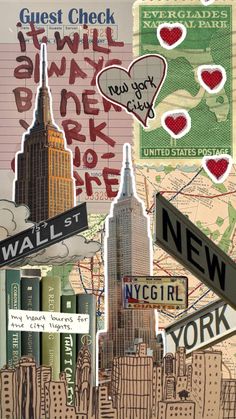 a collage of new york city street signs and buildings with heart shaped stickers on them