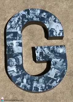 the letter g is made out of photos and has been placed in front of a wall