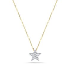 We're seeing stars! Our Julianne Himiko gold and diamond star necklace is what celestial dreams are made of. This single star pendant is adorned with pavé-set diamonds and hangs on a delicate diamond cut cable chain. Delicate and dainty, this charming necklace is perfect for layering. This is the must-have piece for all the Astrology lovers out there. It is available in 14k white, yellow, and rose gold with a spring-ring clasp and a sparkling mini-chain. The pendant is always white gold to show Diamond Star Charm Pendant Necklace, Diamond Star Charm Necklace In Celestial Style, Celestial Diamond Necklace With Star Charm, Diamond Star Charm Necklace, Celestial Diamond Star Charm Necklace, Star-shaped Diamond Necklace With Single Cut Diamonds, Star Shaped Diamond Necklace With Single Cut Diamonds, Dainty Star Diamond Necklace, Dainty Diamond Star Necklace