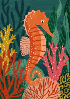 a painting of a sea horse surrounded by corals